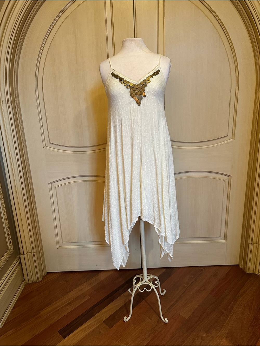 Ecote Cream Spaghetti Strap High-Low Dress with Coin Trim